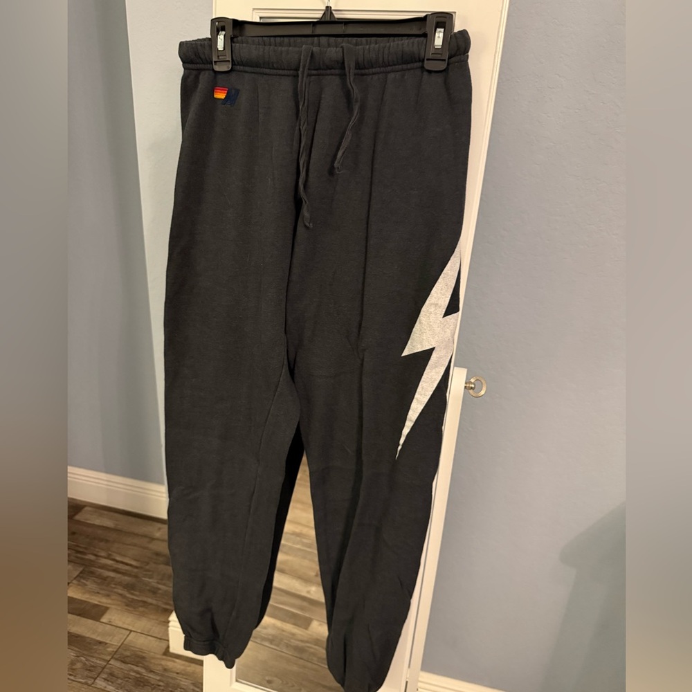 Gray Aviator Nation Joggers with White Lightning Bolt